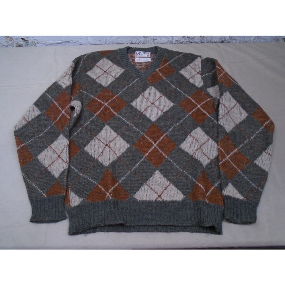 VINTAGE 1960s BRENTWOOD Mirapaca Hopscotch WOOL Argyle Men's Sweater Size Medium